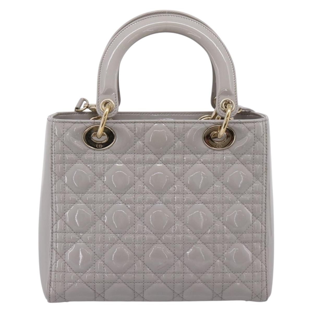 Christian Dior Lady Dior Hand Bag Patent 2way Gray Gold Auth BA14819SAM