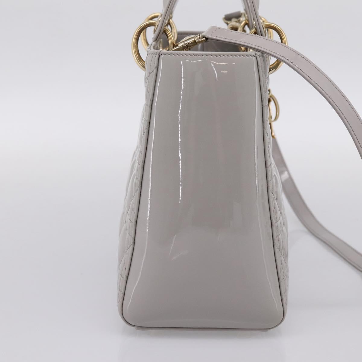Christian Dior Lady Dior Hand Bag Patent 2way Gray Gold Auth BA14819SAM