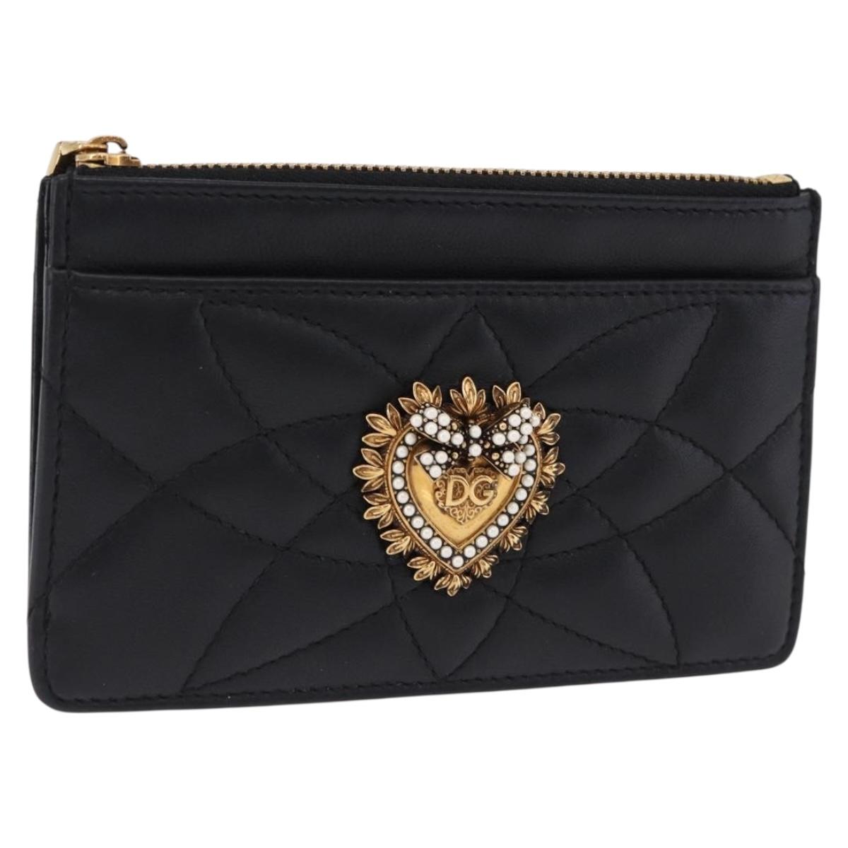 DOLCE&GABBANA Devotion Card Holder Medium Leather Black Gold Tone Auth BA14822V