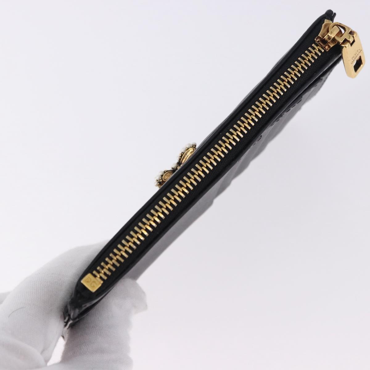 DOLCE&GABBANA Devotion Card Holder Medium Leather Black Gold Tone Auth BA14822V