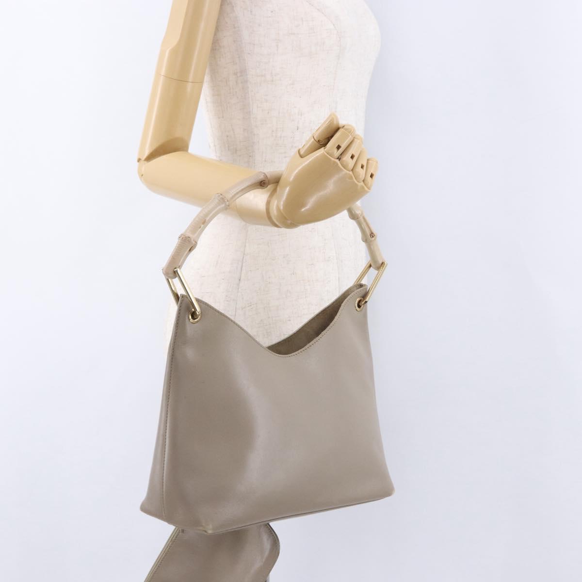 GUCCI Bamboo Shoulder Bag Leather Beige Gold Tone 001 2058 1883 Auth BA14832