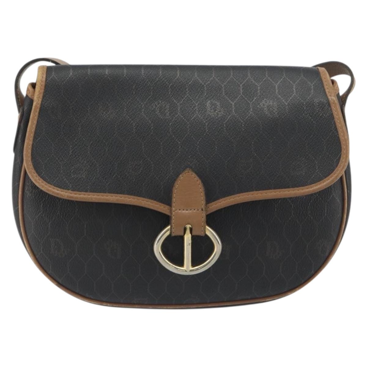 Christian Dior Honeycomb Shoulder Bag PVC Leather Black Gold Tone Auth BA14833