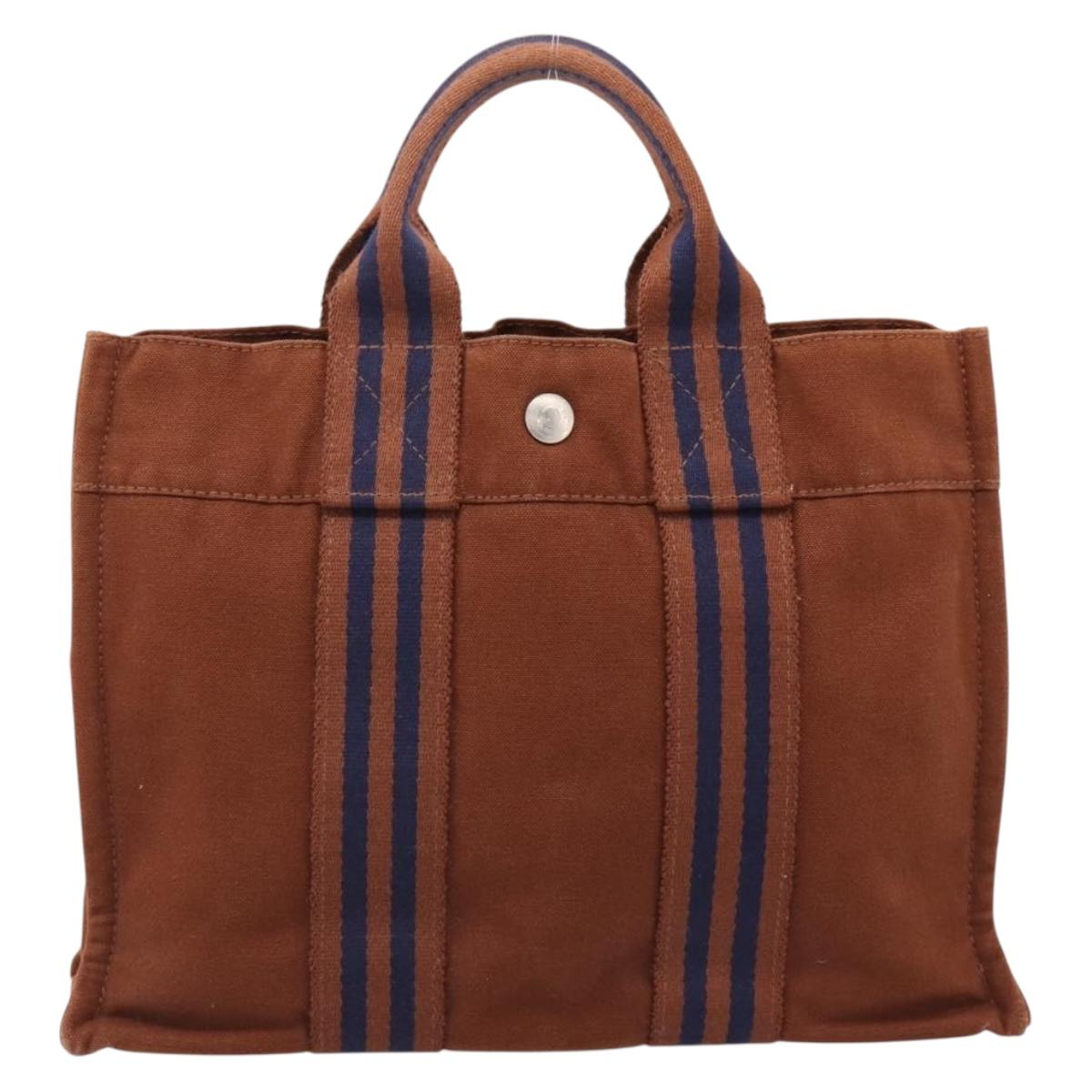 HERMES Fourre Tout PM Hand Bag cotton Brown Silver Auth BA14842