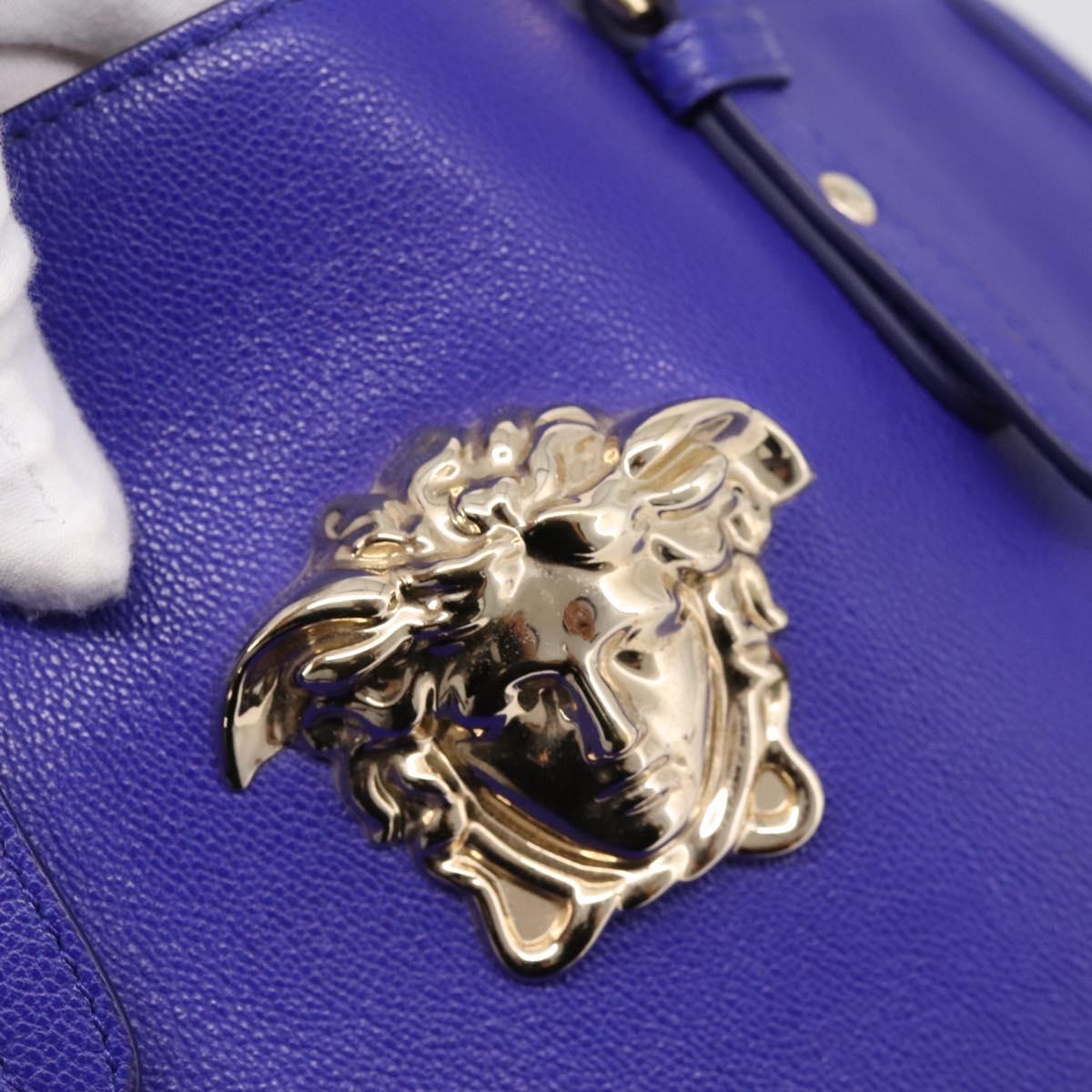 VERSACE Medusa Tote Bag Leather 2way Blue Gold Tone Auth BA14875V