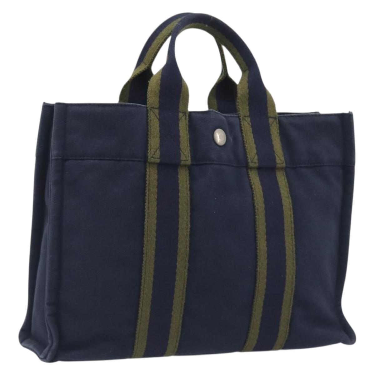 HERMES Fourre Tout PM Hand Bag Cotton Navy Silver Auth BA14878