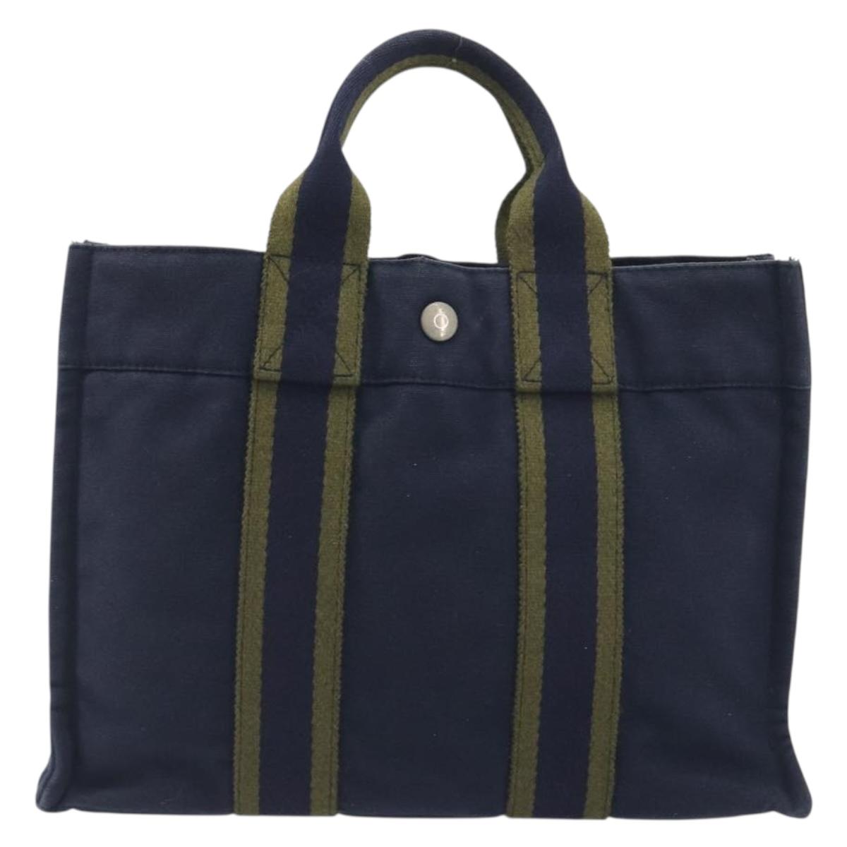 HERMES Fourre Tout PM Hand Bag Cotton Navy Silver Auth BA14878