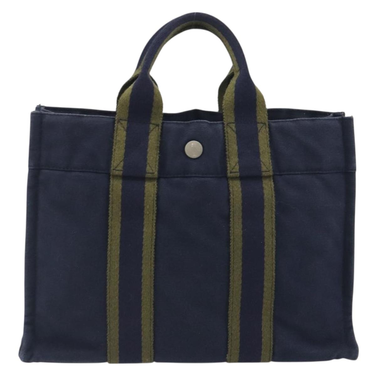 HERMES Fourre Tout PM Hand Bag Cotton Navy Silver Auth BA14878