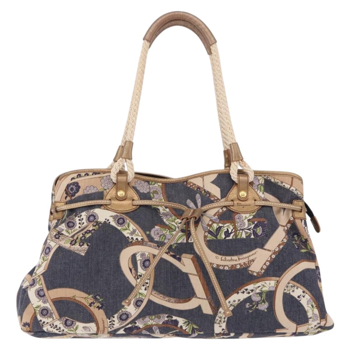 Salvatore Ferragamo Denim Gancini purse Tote Bag Navy Gold Tone Auth BA14886A