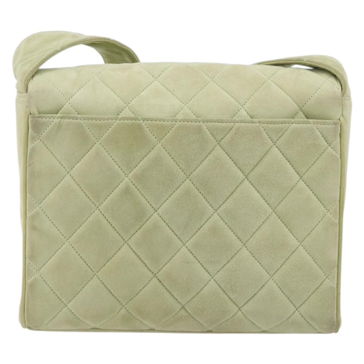CHANEL Matelasse Shoulder Bag Suede Green Gold Tone CC Auth BA14888A