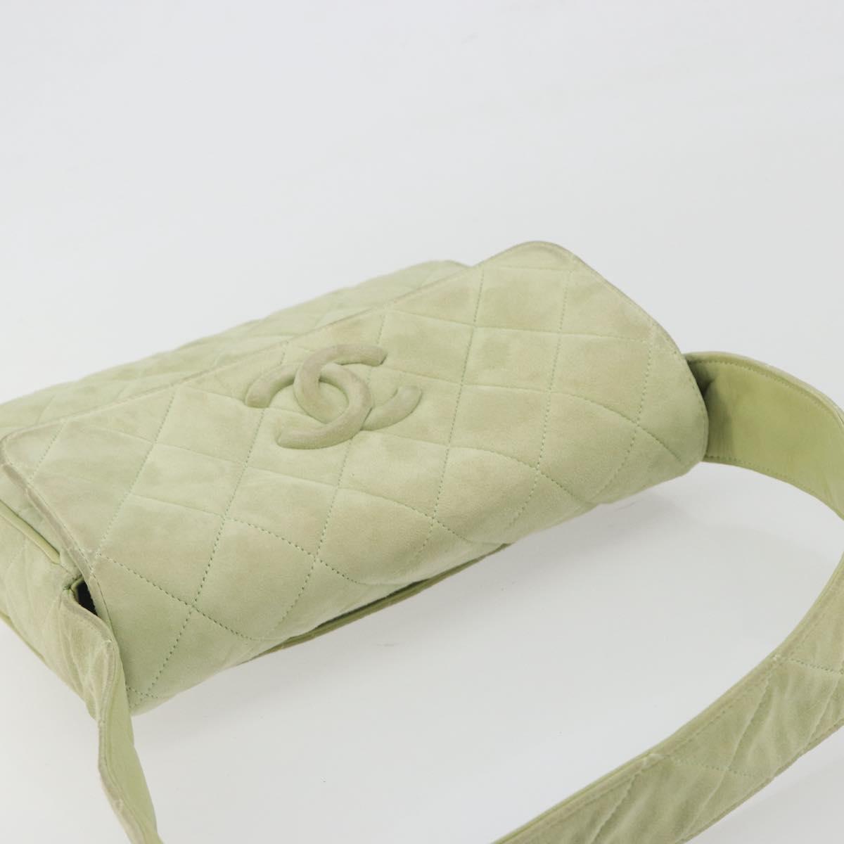 CHANEL Matelasse Shoulder Bag Suede Green Gold Tone CC Auth BA14888A