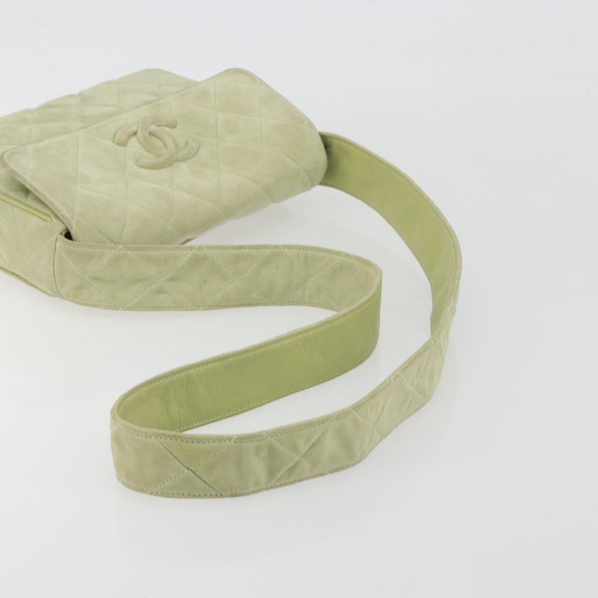 CHANEL Matelasse Shoulder Bag Suede Green Gold Tone CC Auth BA14888A
