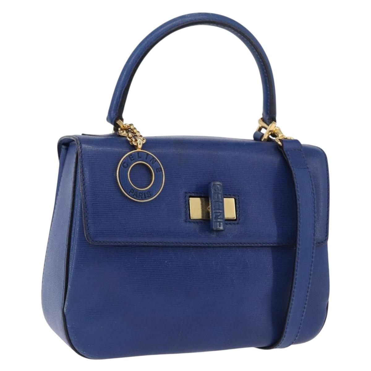 CELINE Circle Hand Bag Leather 2way Blue Gold Tone Auth BA14889A
