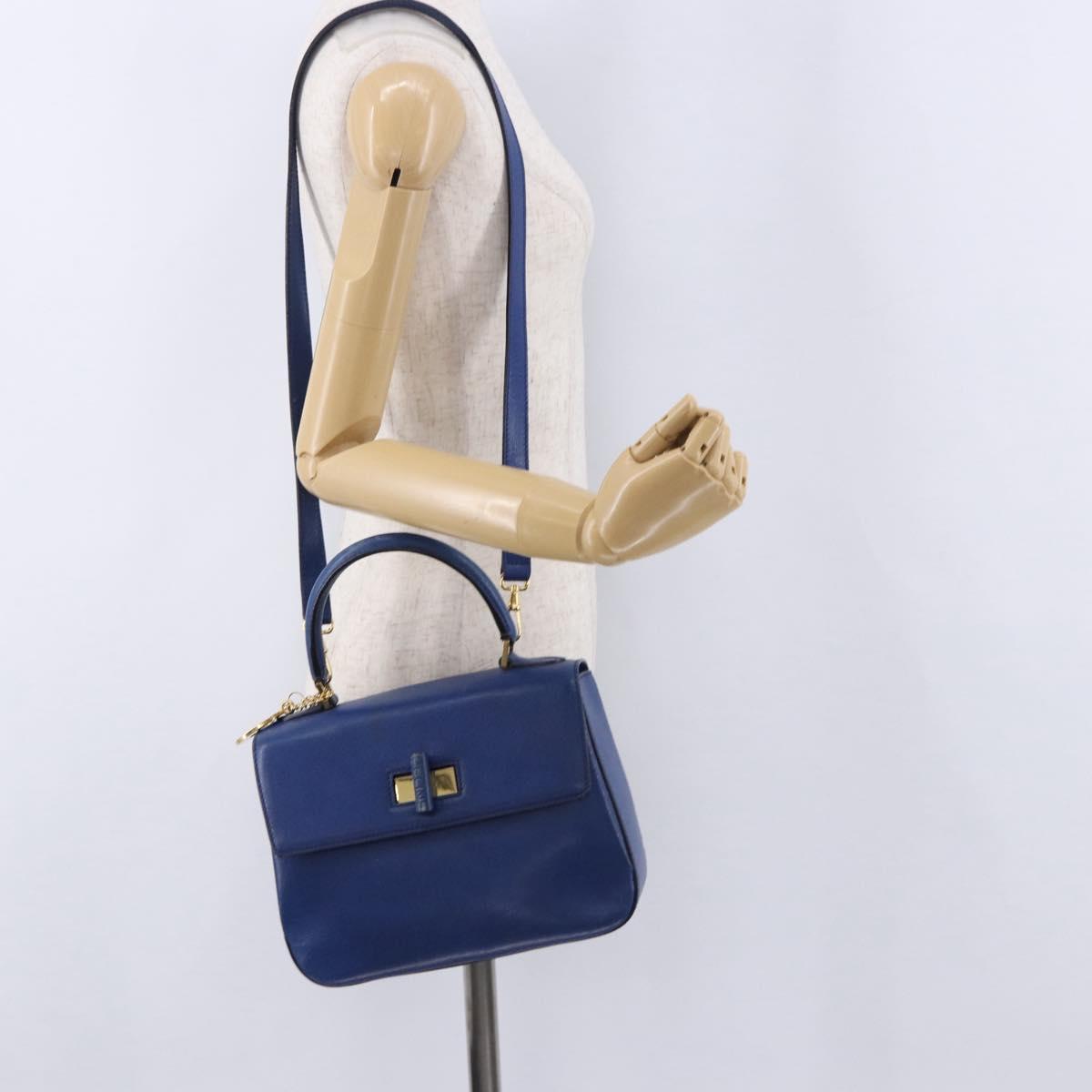 CELINE Circle Hand Bag Leather 2way Blue Gold Tone Auth BA14889A