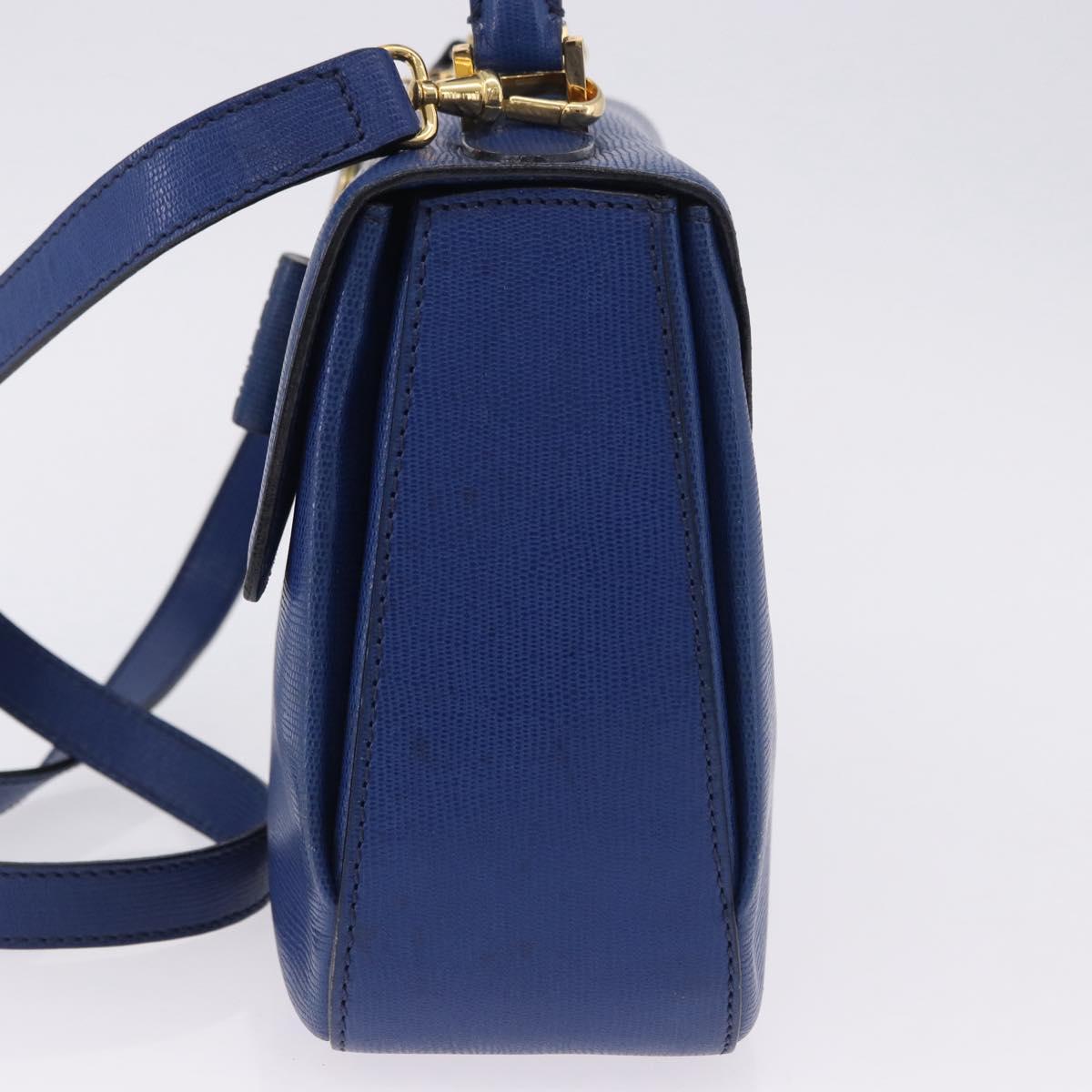 CELINE Circle Hand Bag Leather 2way Blue Gold Tone Auth BA14889A