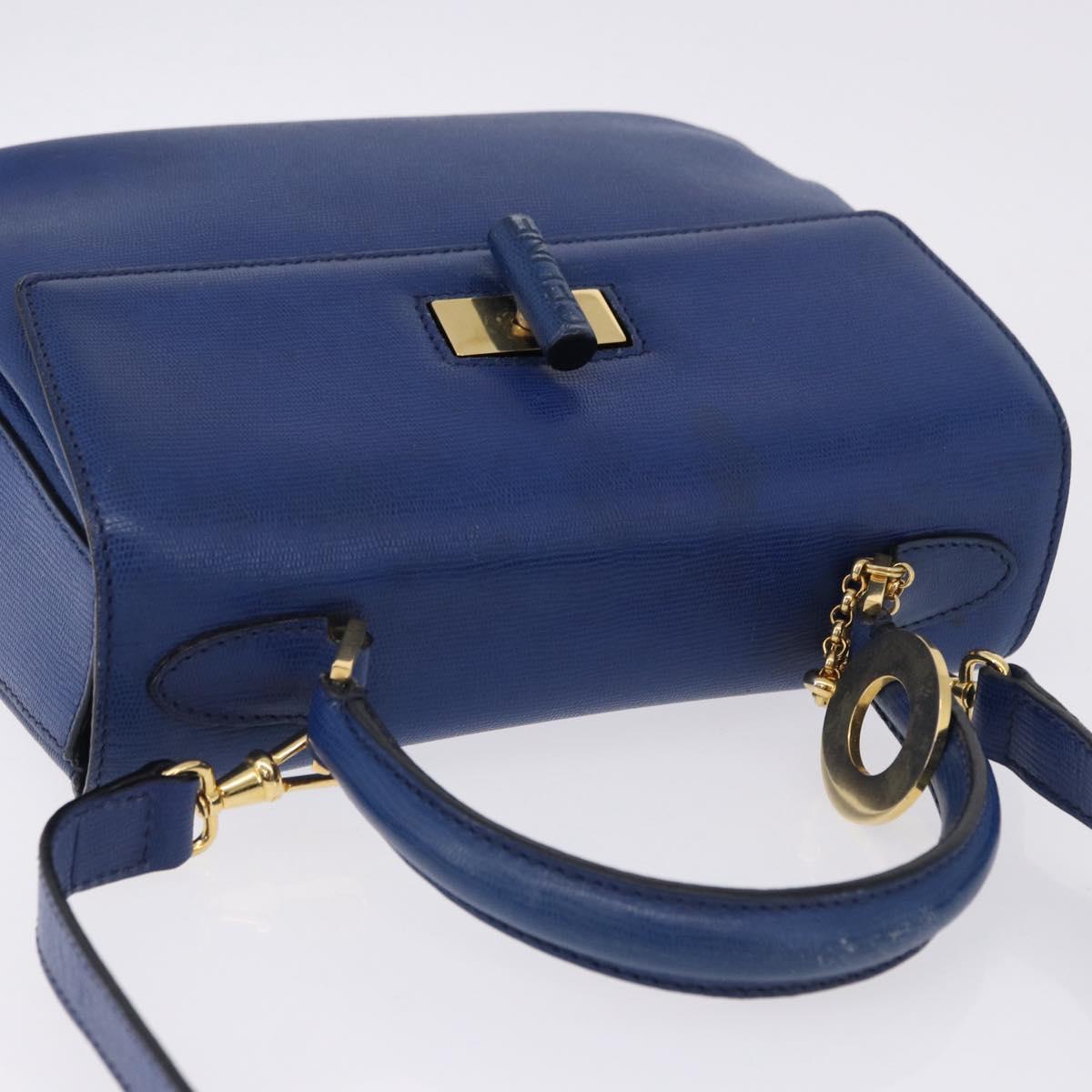 CELINE Circle Hand Bag Leather 2way Blue Gold Tone Auth BA14889A