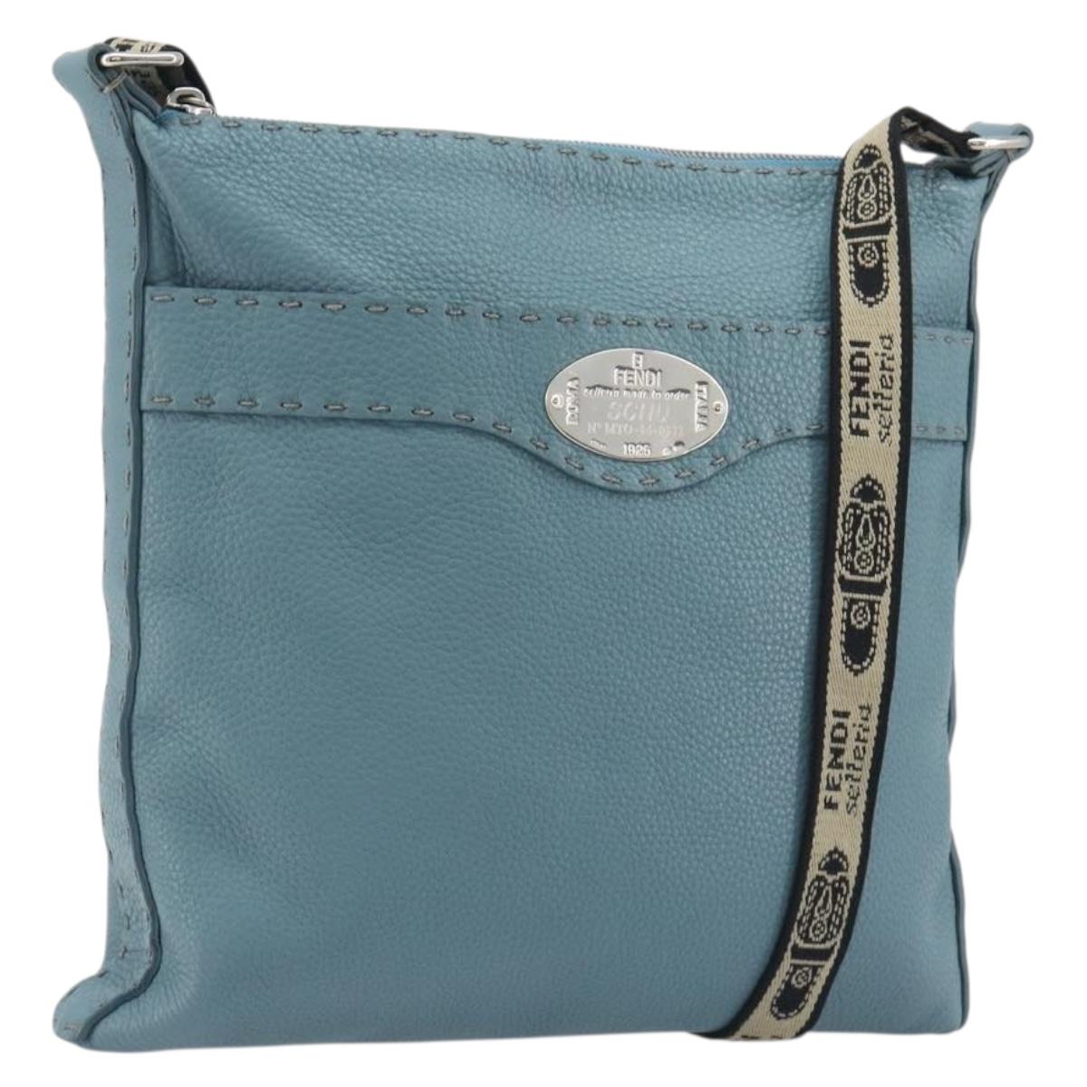 FENDI Celeria Shoulder Bag Leather Light Blue Silver 8BT109 Auth BA14891A