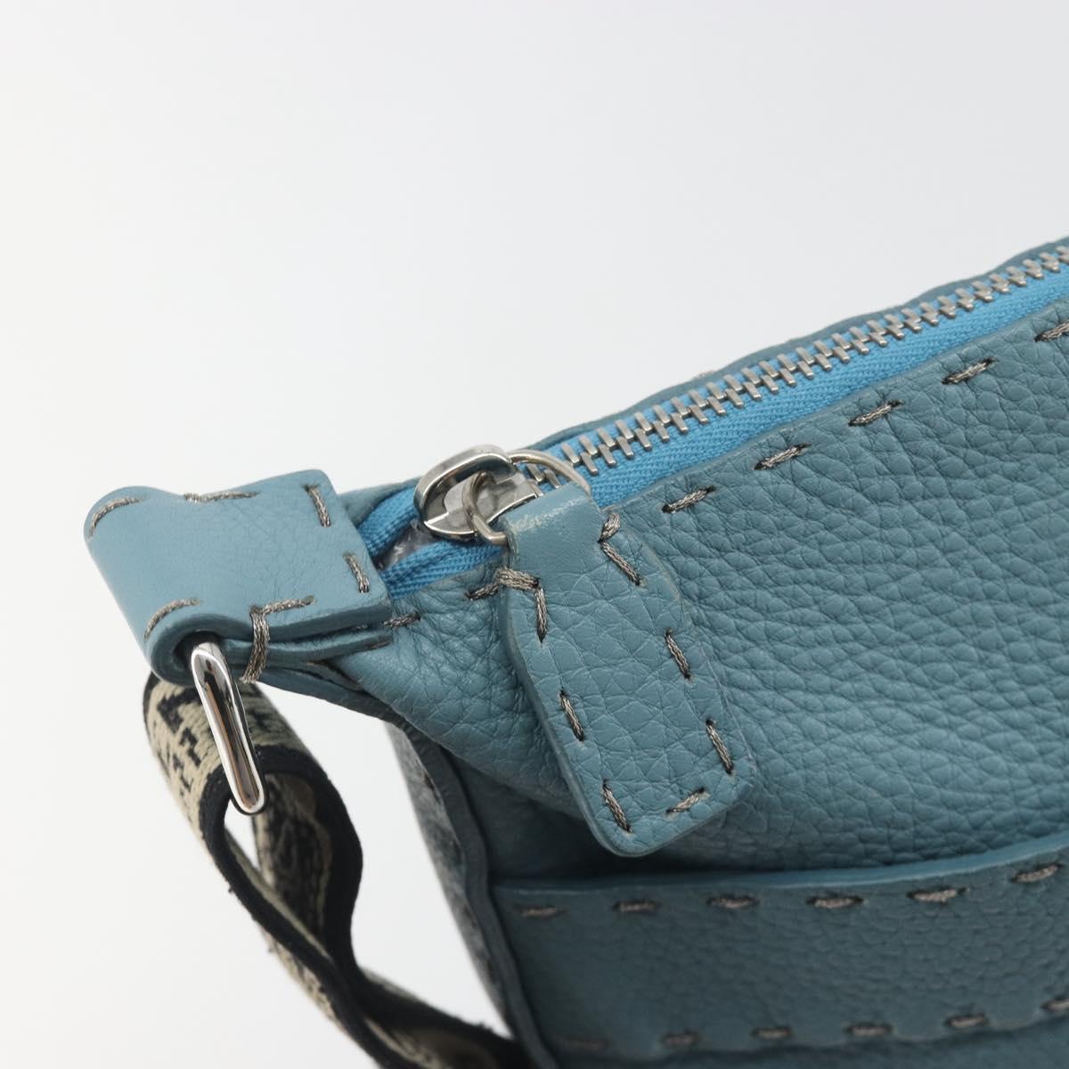 FENDI Celeria Shoulder Bag Leather Light Blue Silver 8BT109 Auth BA14891A