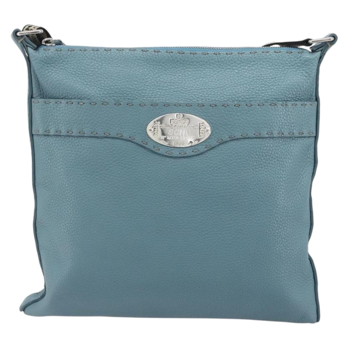 FENDI Celeria Shoulder Bag Leather Light Blue Silver 8BT109 Auth BA14891A