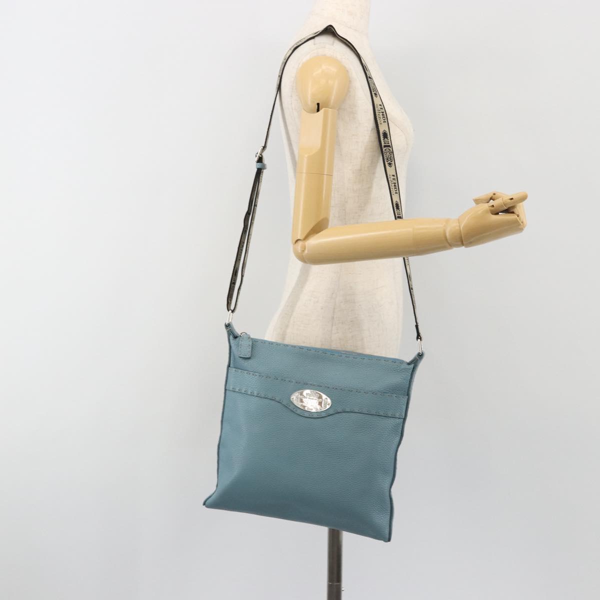 FENDI Celeria Shoulder Bag Leather Light Blue Silver 8BT109 Auth BA14891A