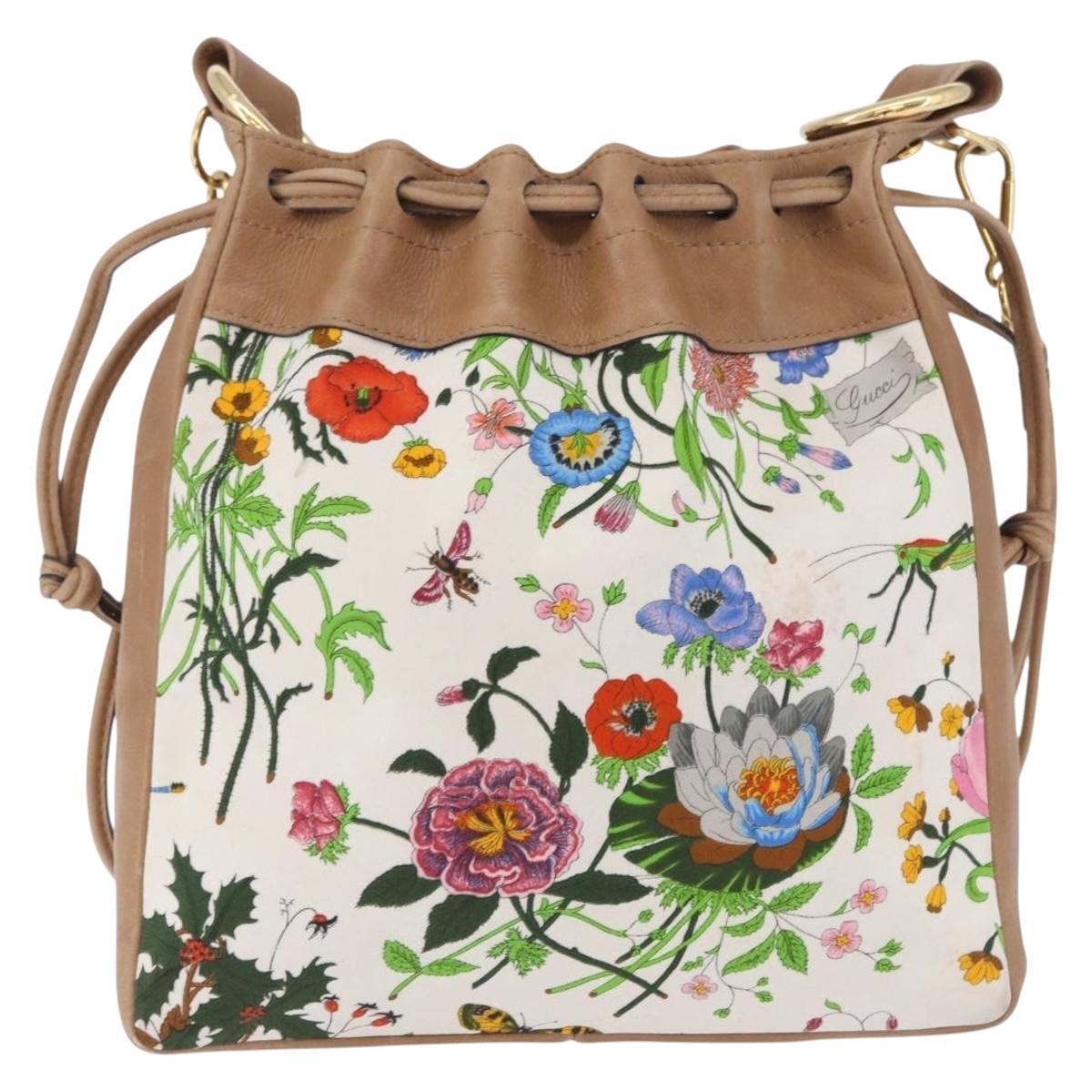 GUCCI Flora Drawstring Shoulder Bag Canvas White Beige Auth BA14894A