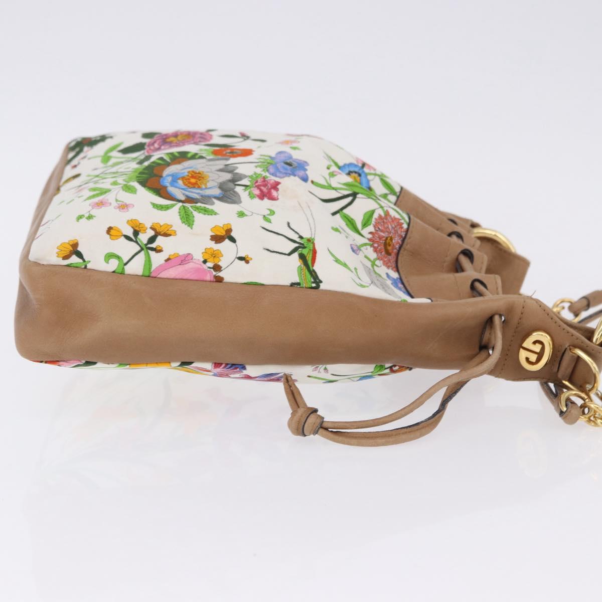 GUCCI Flora Drawstring Shoulder Bag Canvas White Beige Auth BA14894A
