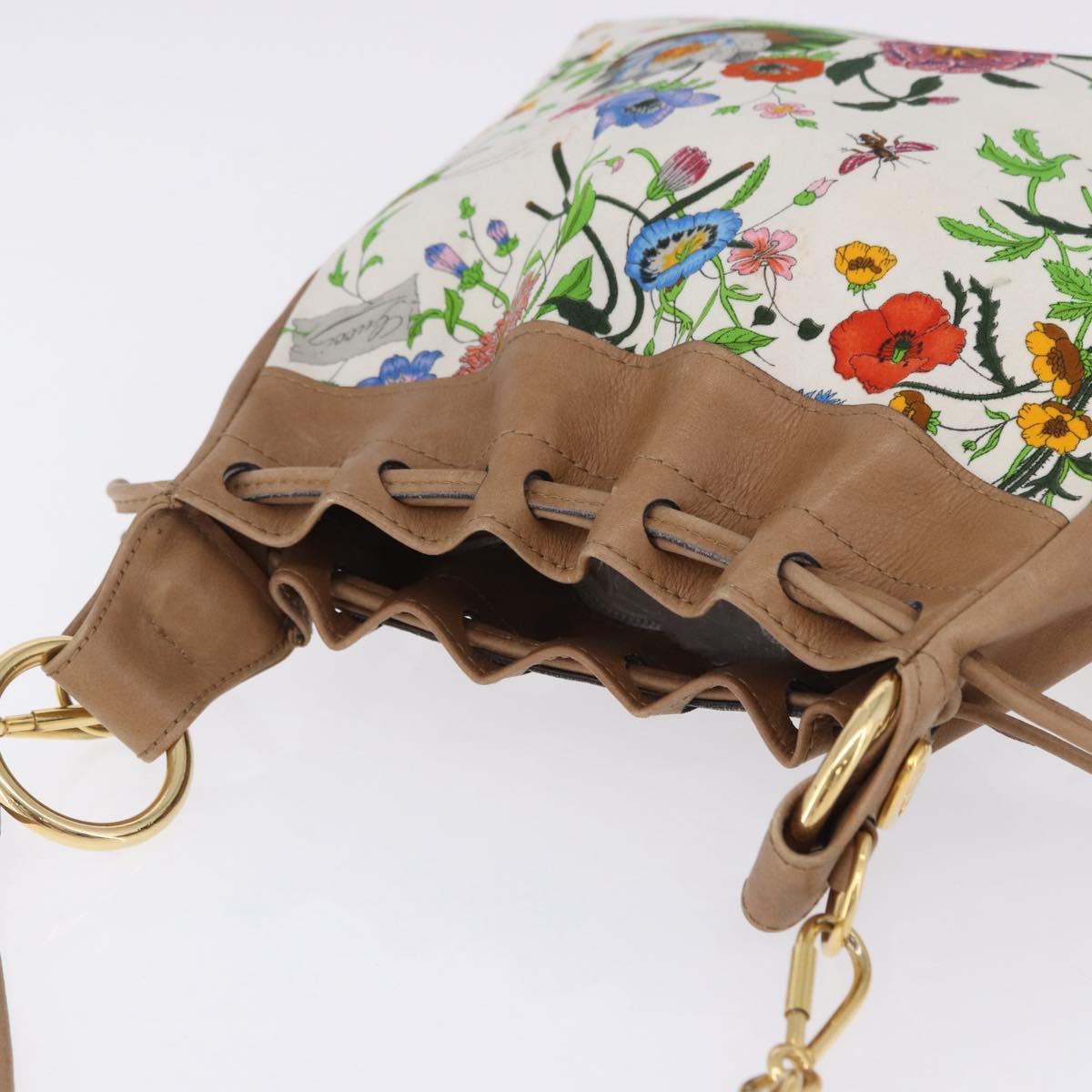 GUCCI Flora Drawstring Shoulder Bag Canvas White Beige Auth BA14894A