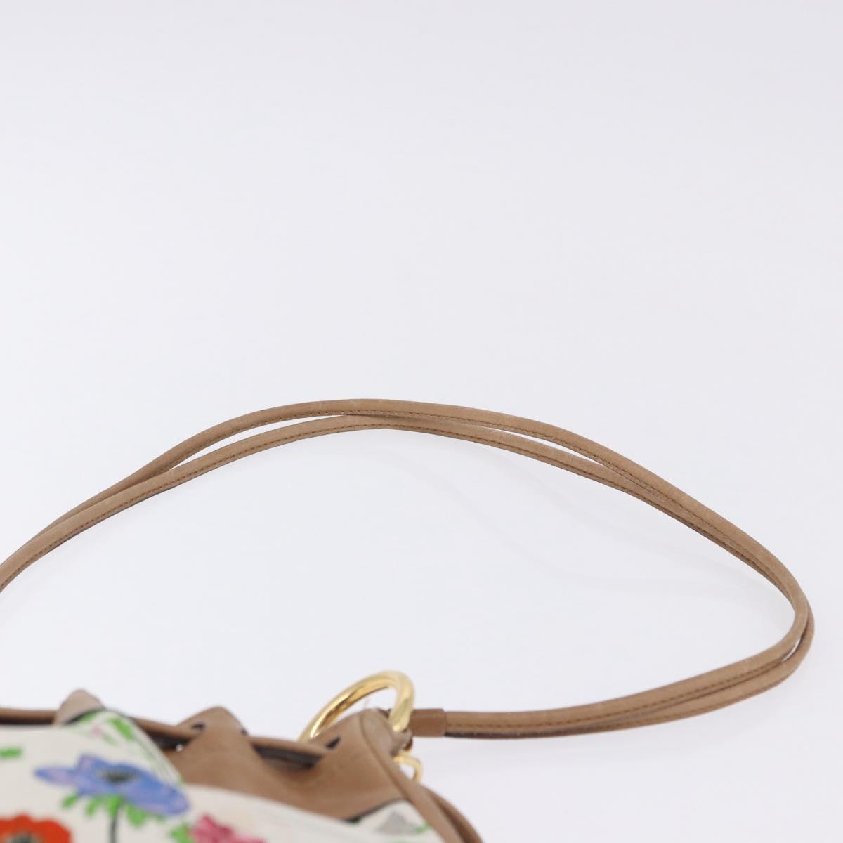 GUCCI Flora Drawstring Shoulder Bag Canvas White Beige Auth BA14894A