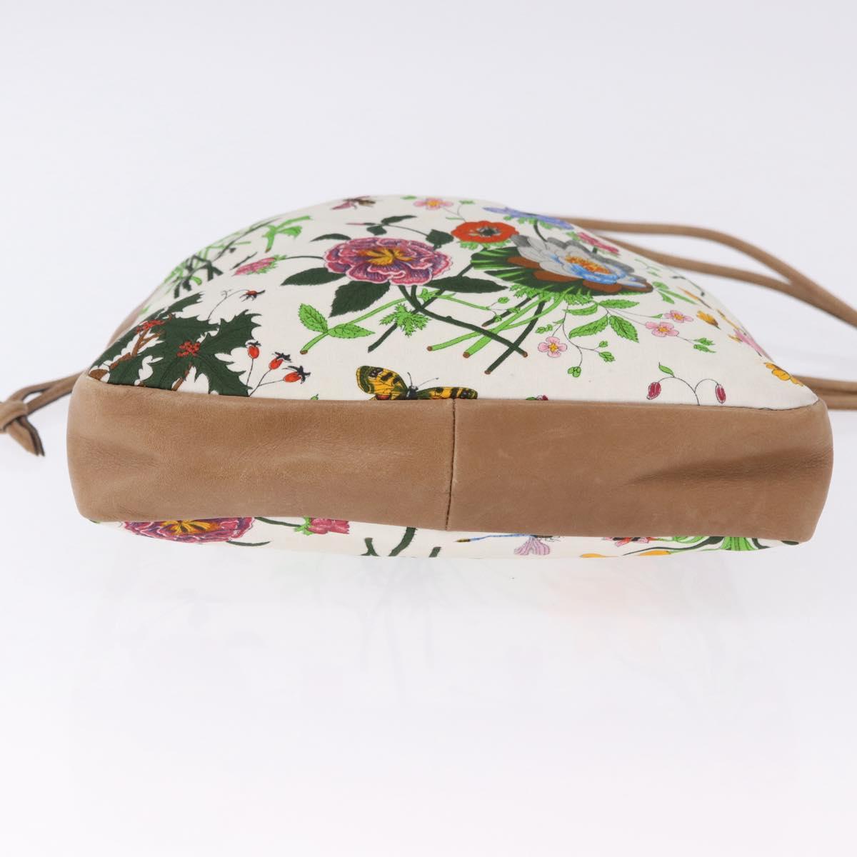 GUCCI Flora Drawstring Shoulder Bag Canvas White Beige Auth BA14894A