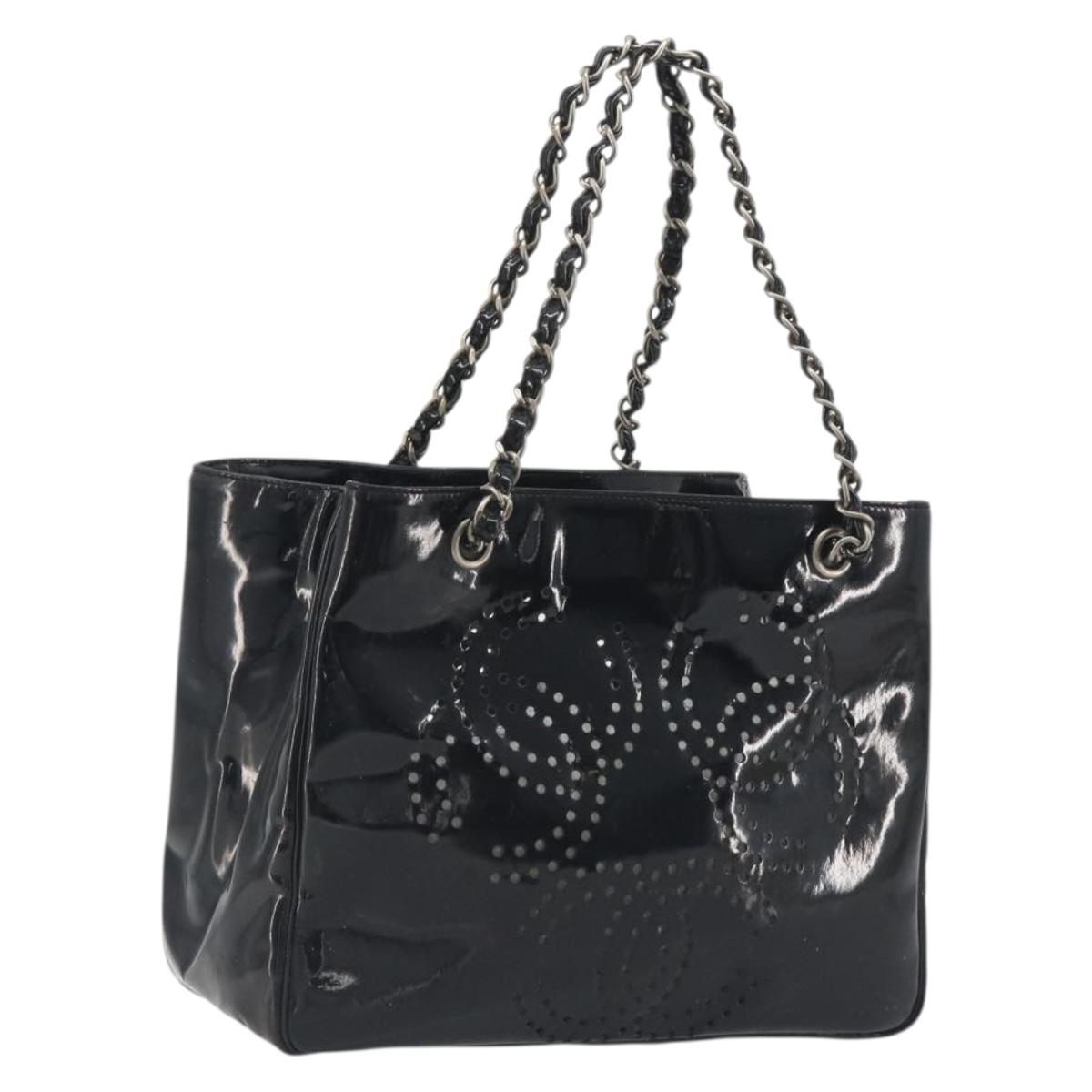 CHANEL Chain Tote Bag Patent Black Silver CC Auth BA14897