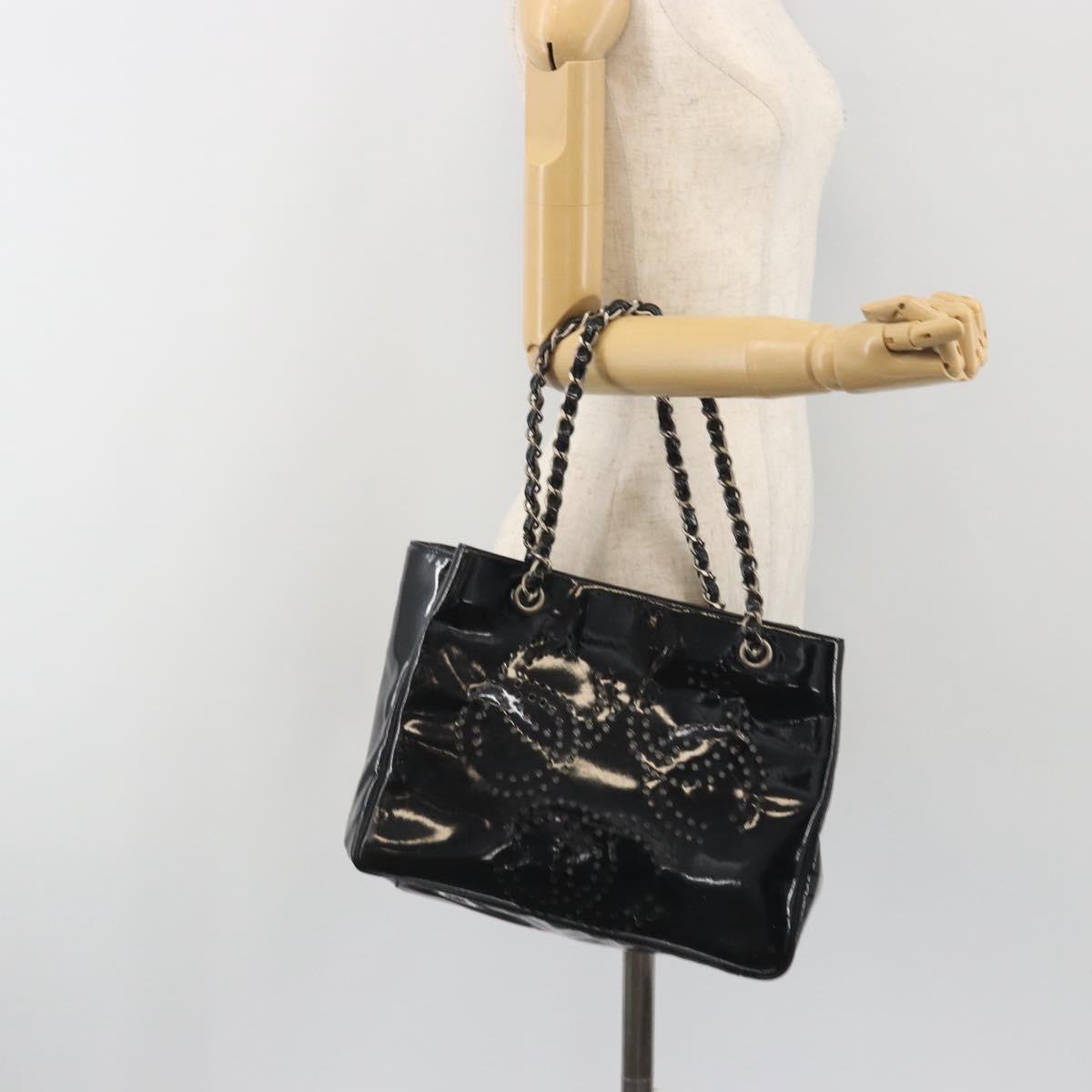 CHANEL Chain Tote Bag Patent Black Silver CC Auth BA14897
