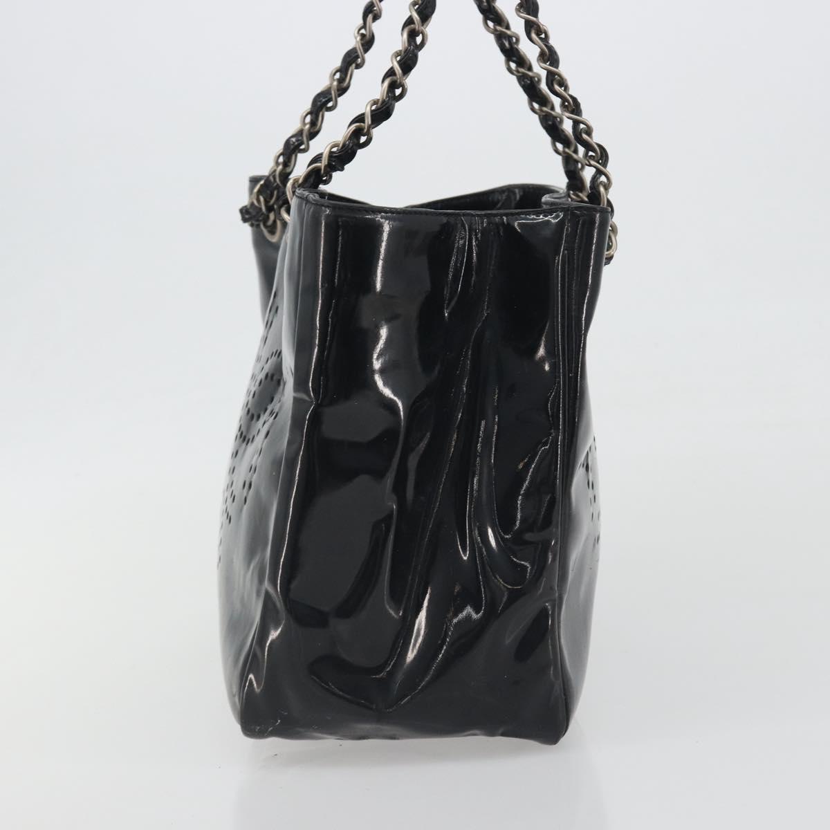 CHANEL Chain Tote Bag Patent Black Silver CC Auth BA14897