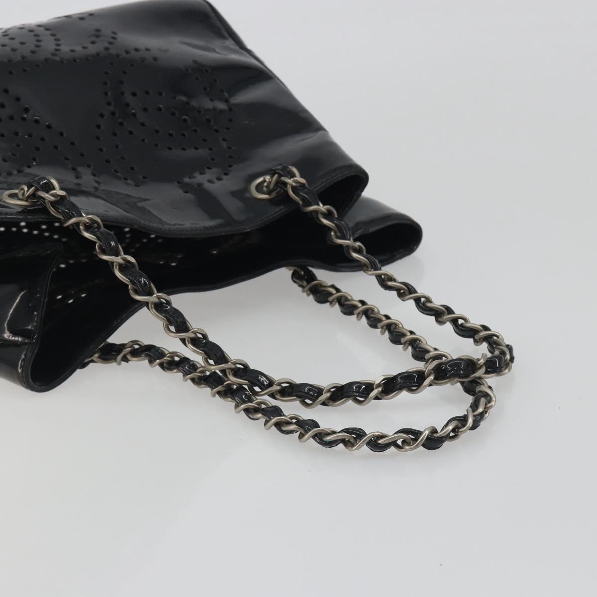 CHANEL Chain Tote Bag Patent Black Silver CC Auth BA14897