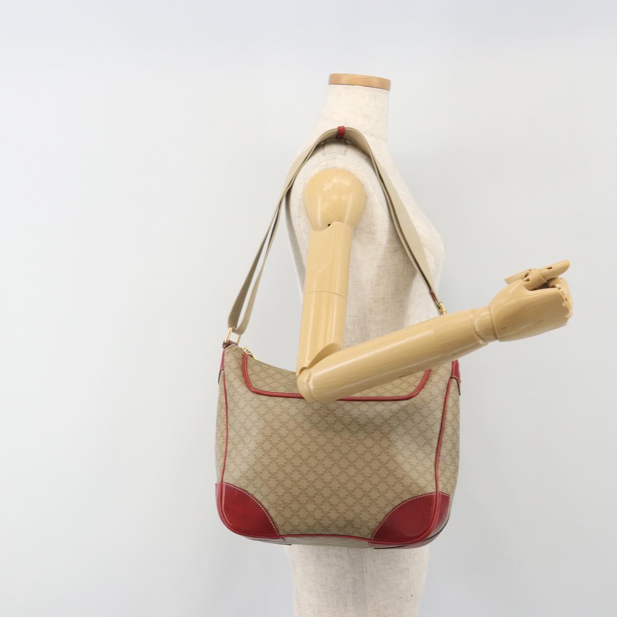 CELINE Macadam Shoulder Bag PVC Leather Beige Red Auth BA14898