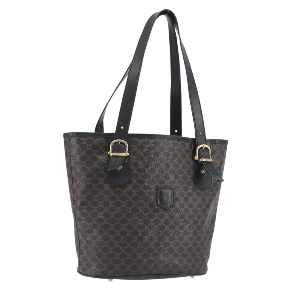 CELINE Macadam Tote Bag PVC Leather Black Gold Tone Auth BA14899