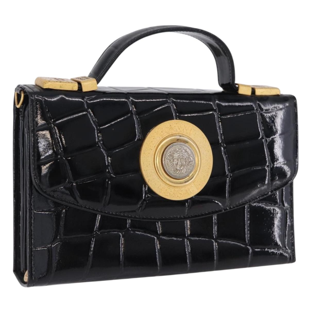 Gianni Versace Medusa Hand Bag Patent Black Gold Tone Auth BA14906A