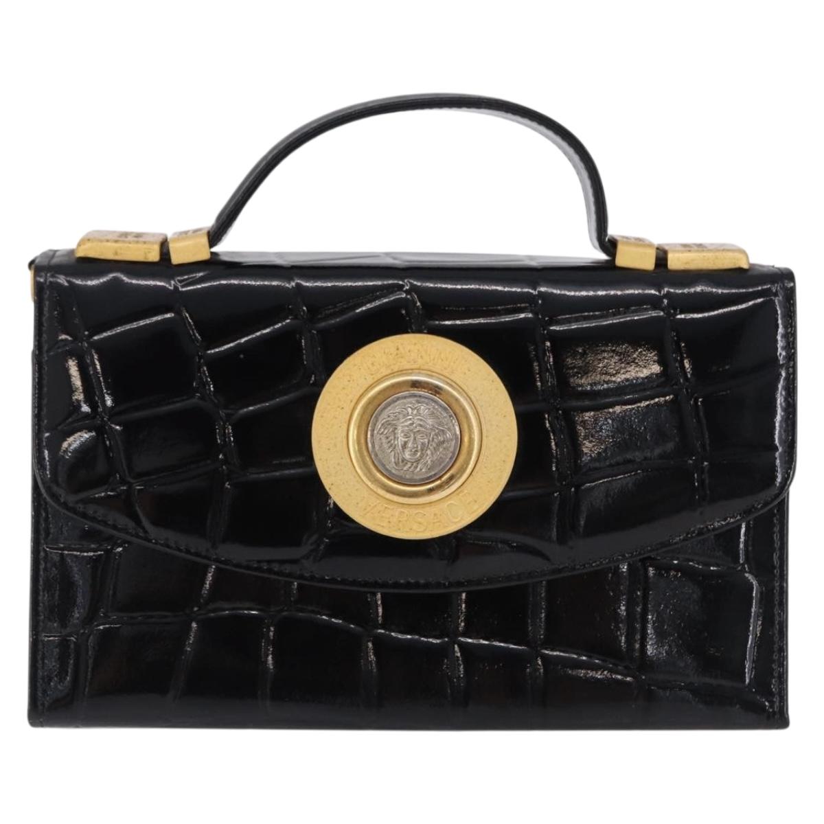 Gianni Versace Medusa Hand Bag Patent Black Gold Tone Auth BA14906A