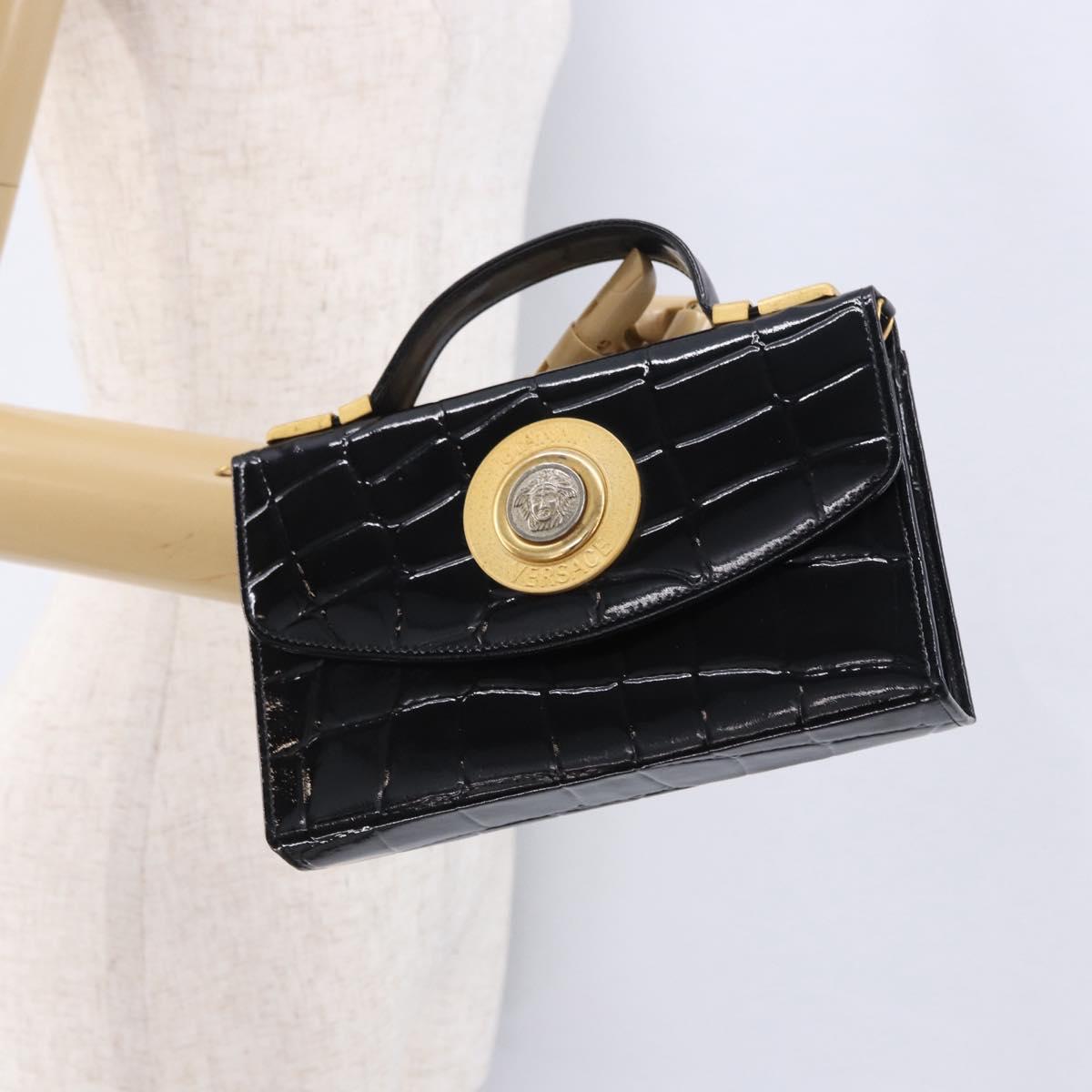 Gianni Versace Medusa Hand Bag Patent Black Gold Tone Auth BA14906A