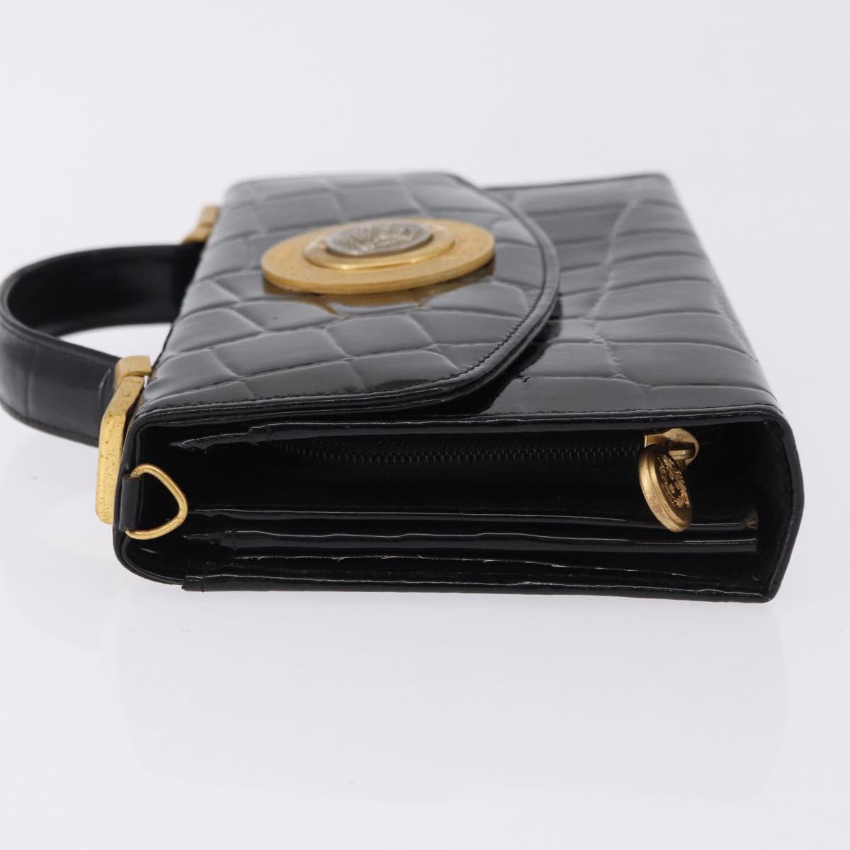 Gianni Versace Medusa Hand Bag Patent Black Gold Tone Auth BA14906A