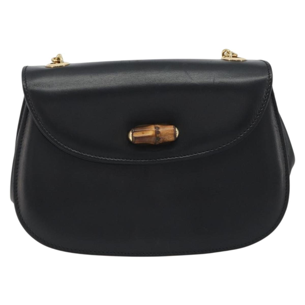 GUCCI Bamboo Chain Shoulder Bag Leather Black Gold 001 115 1497 Auth BA14916