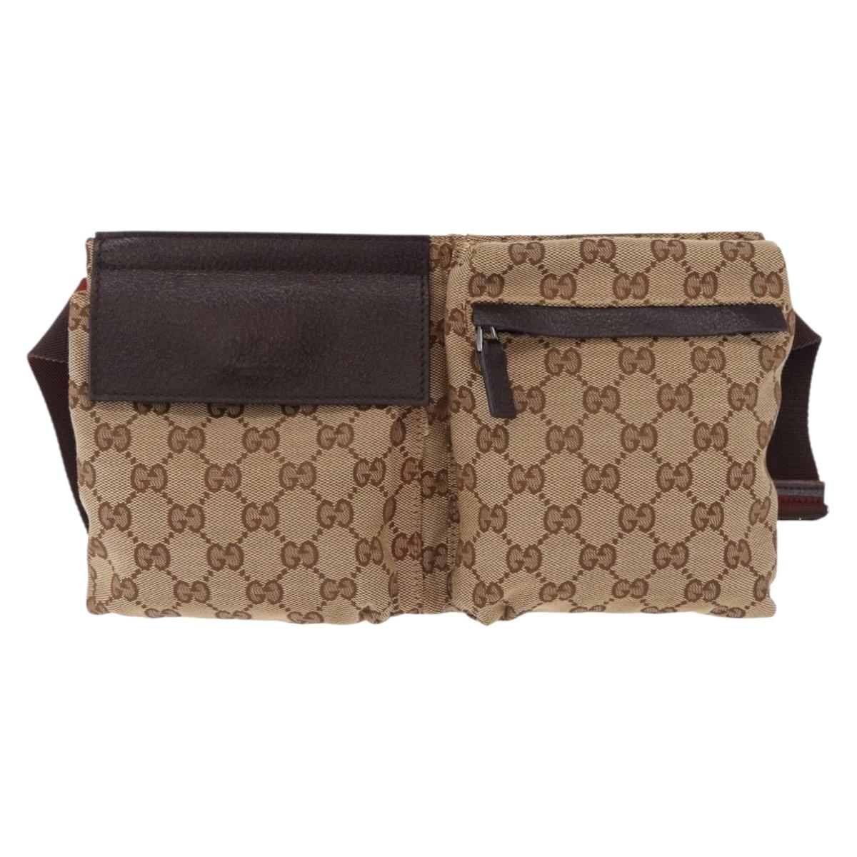 GUCCI GG Canvas Waist Bag Beige Silver 28566 Auth BA14924A