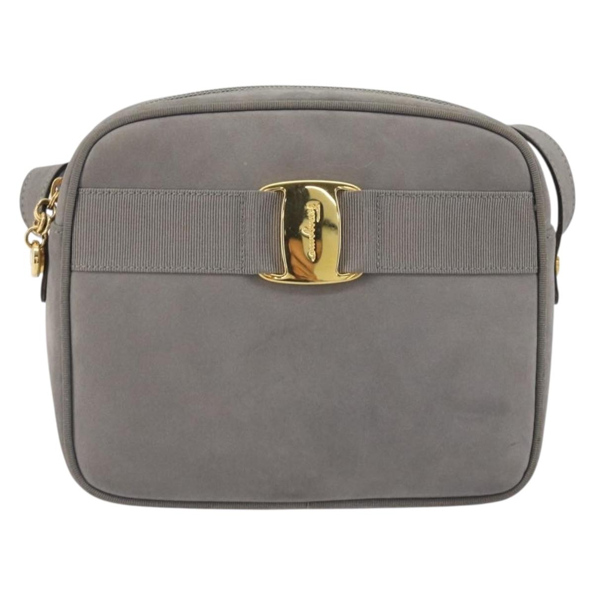Salvatore Ferragamo Vala Shoulder Bag Suede Gray Gold Tone Auth BA14925