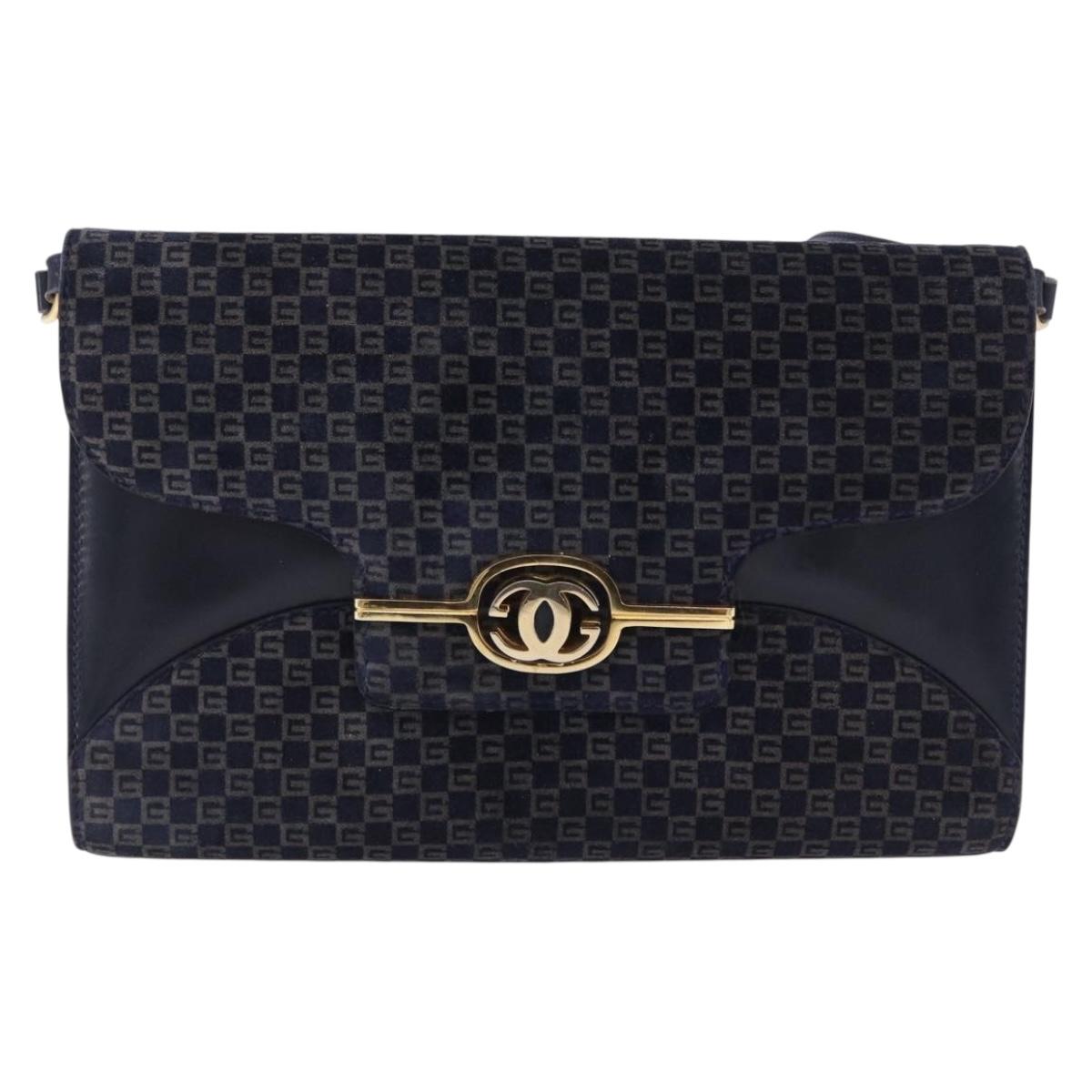 GUCCI Shoulder Bag Suede Navy Gold Tone Auth BA14926