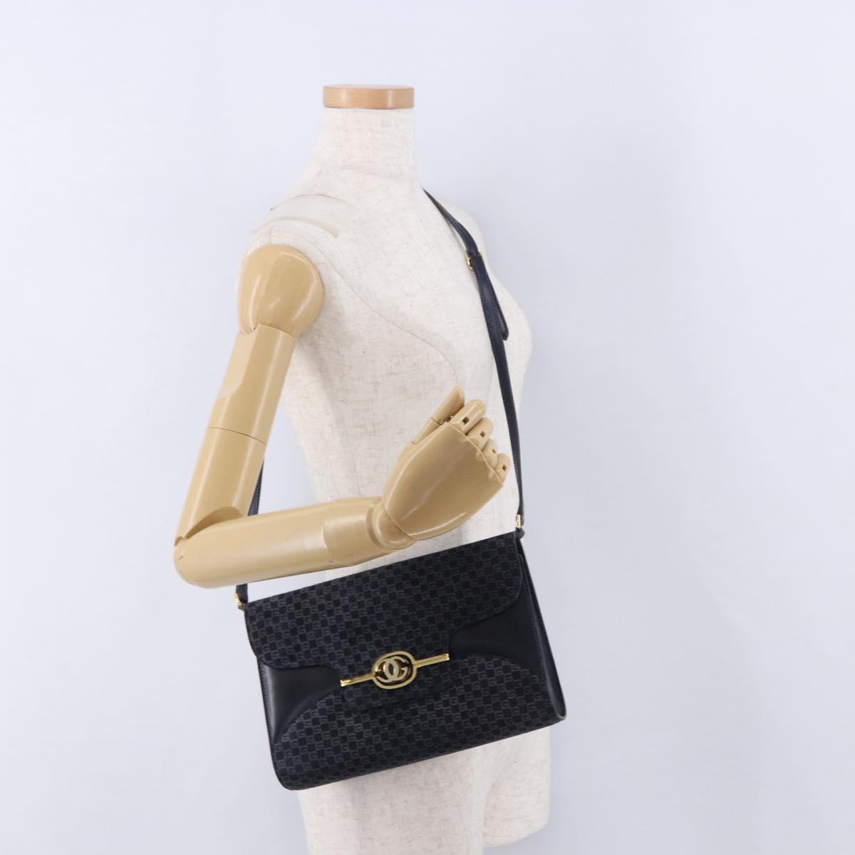 GUCCI Shoulder Bag Suede Navy Gold Tone Auth BA14926