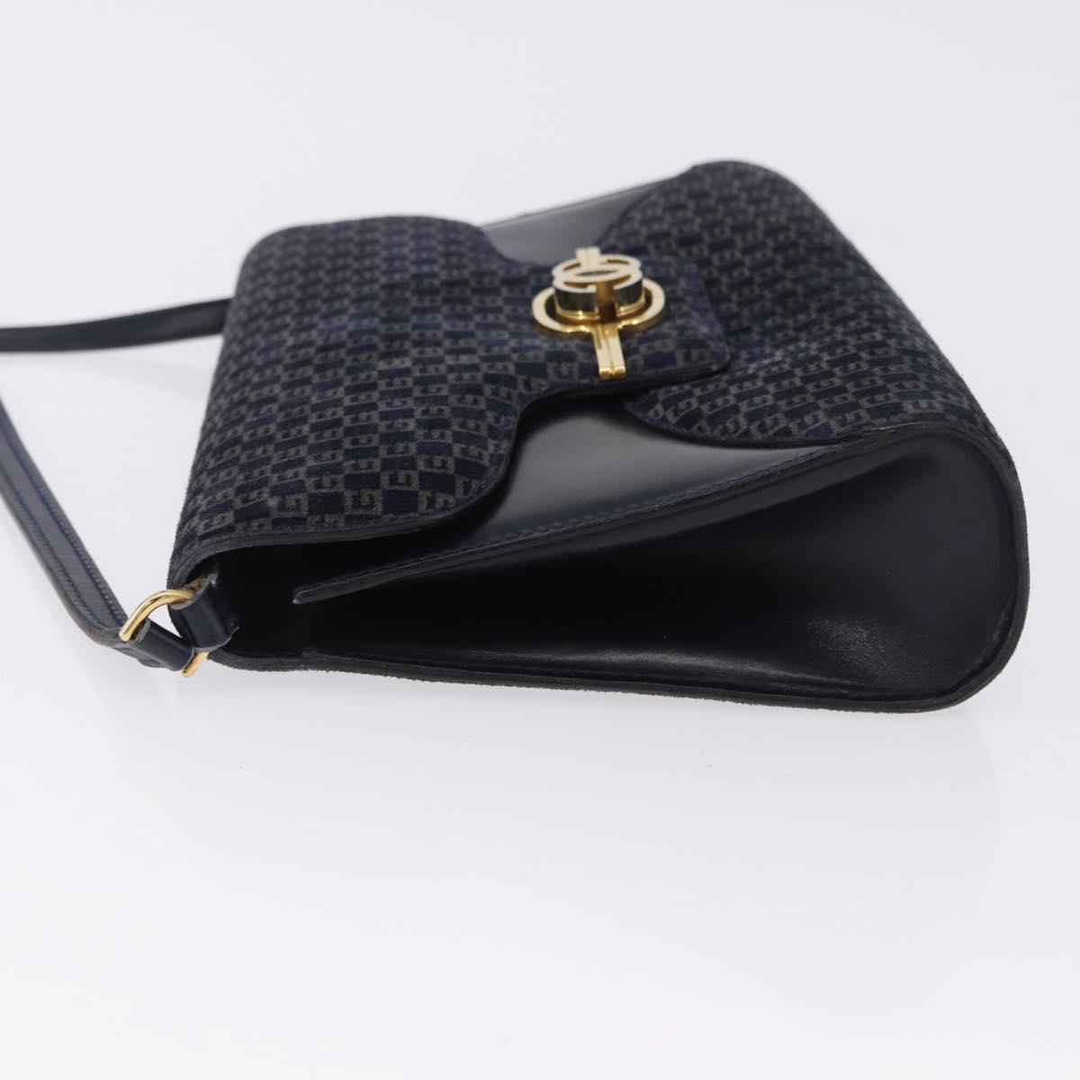 GUCCI Shoulder Bag Suede Navy Gold Tone Auth BA14926