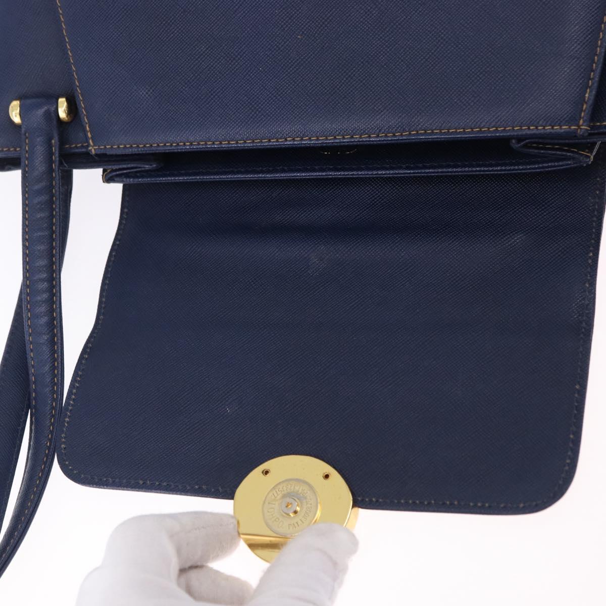 VALENTINO Shoulder Bag Leather Navy Gold Tone Auth BA14965