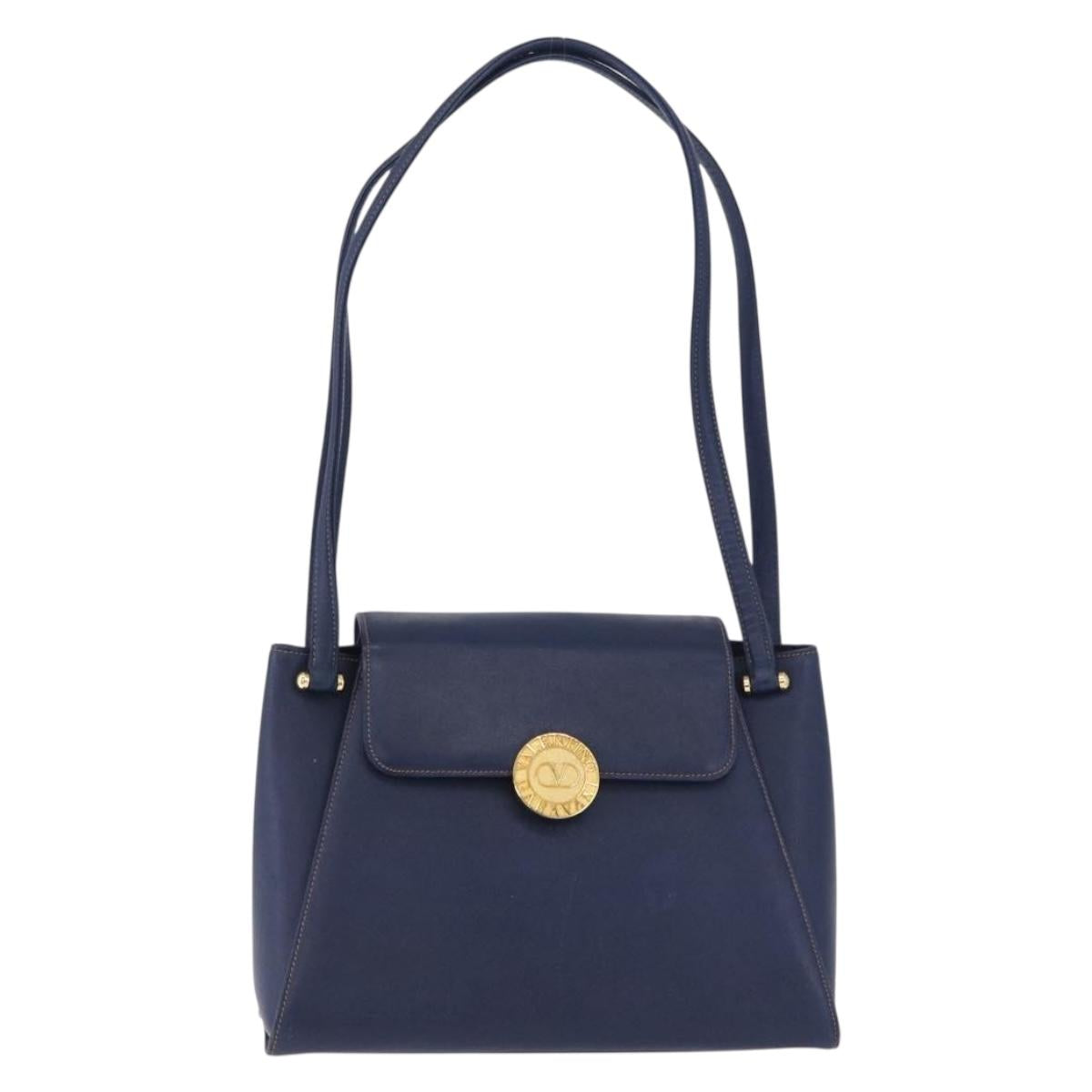 VALENTINO Shoulder Bag Leather Navy Gold Tone Auth BA14965
