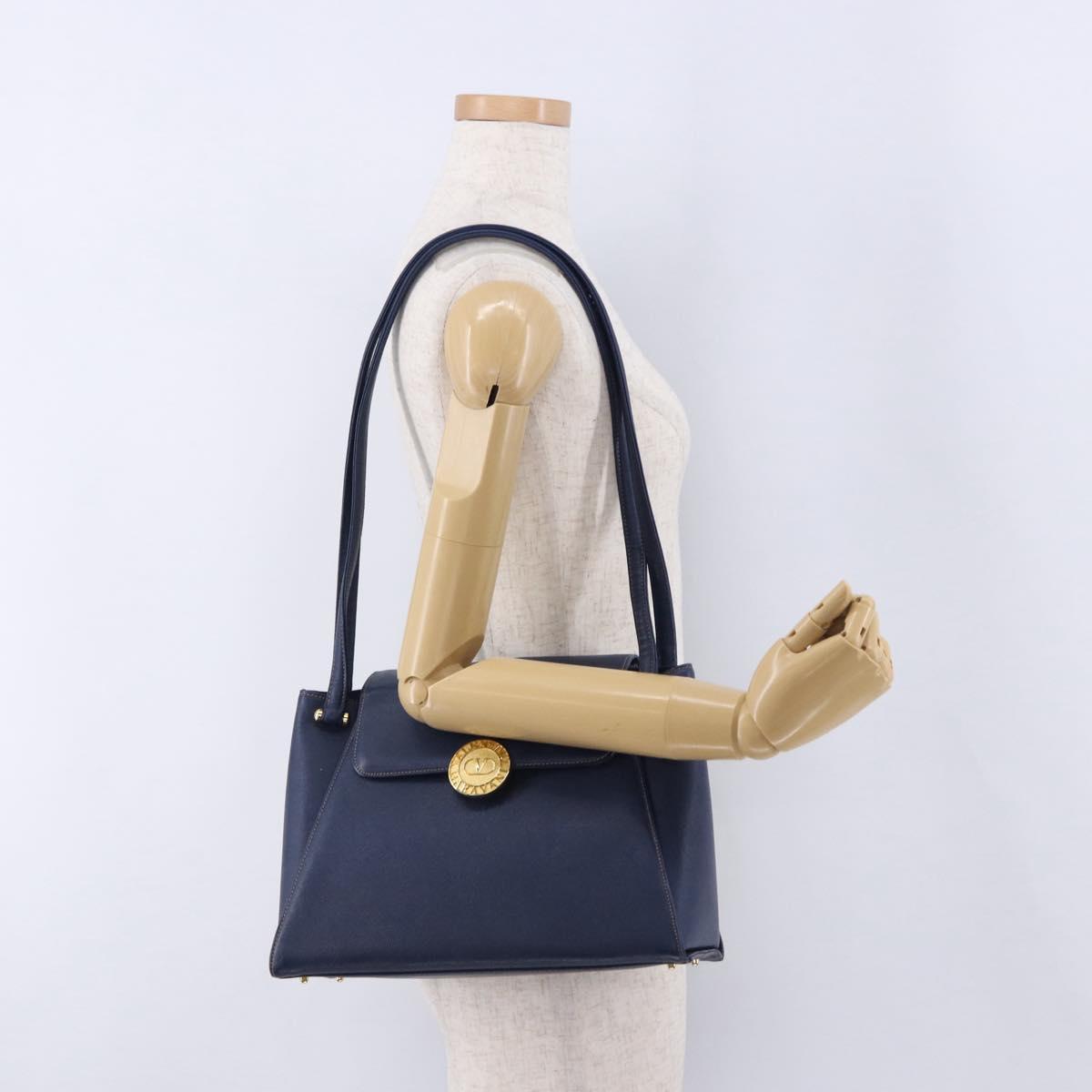 VALENTINO Shoulder Bag Leather Navy Gold Tone Auth BA14965