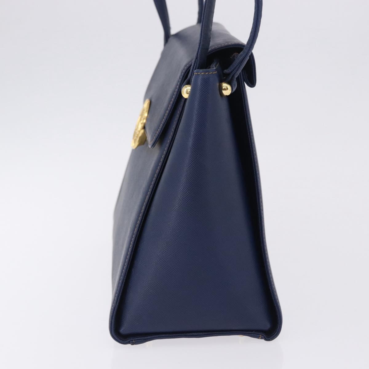 VALENTINO Shoulder Bag Leather Navy Gold Tone Auth BA14965