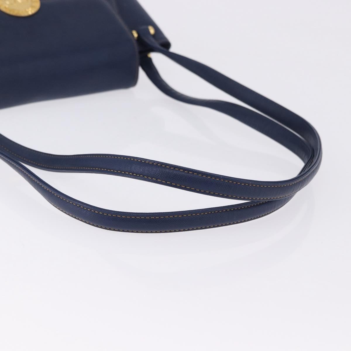 VALENTINO Shoulder Bag Leather Navy Gold Tone Auth BA14965