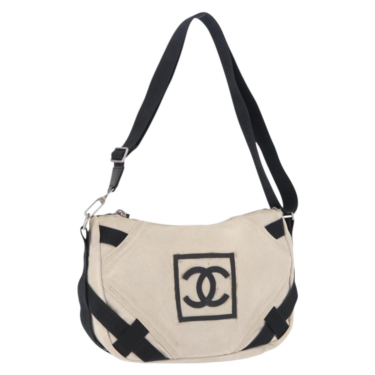 CHANEL Sports Shoulder Bag Canvas Ivory Black CC Auth BA14971